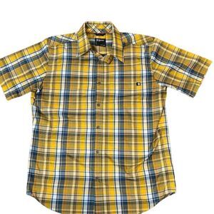 Marmot Lykken Short Sleeve Men's Button Front Shirt Plaid Yellow Blue Size Large